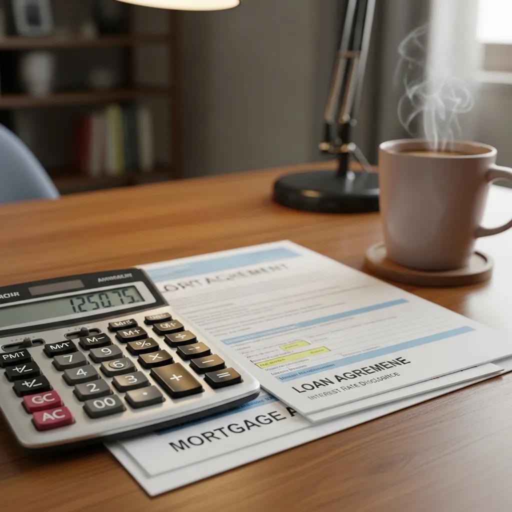 Calculator and mortgage documents on a desk — assessing financing choices during inflation