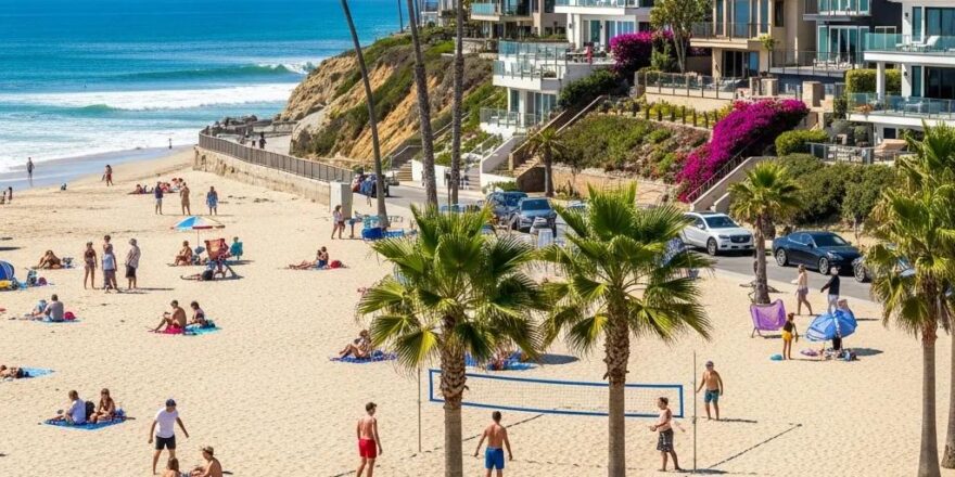 California coastal view with tourists, illustrating the impact of tourism on real estate