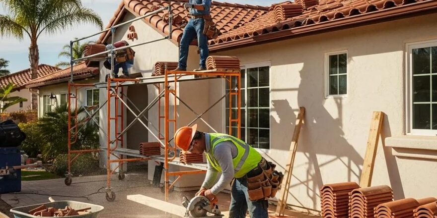 California home renovation scene with construction workers and tools