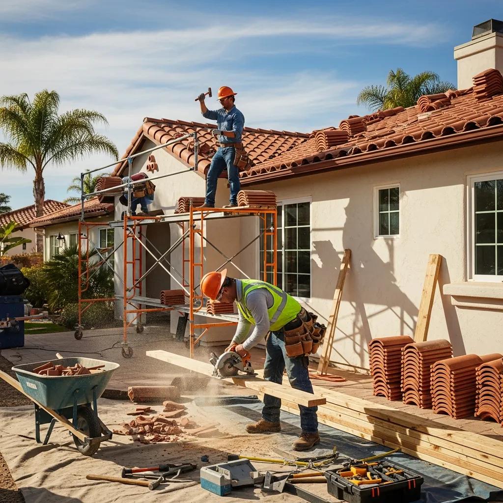 California home renovation scene with construction workers and tools