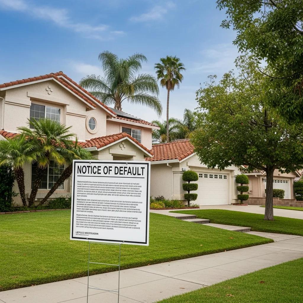California residence with a Notice of Default sign on the lawn — illustrating the foreclosure timeline