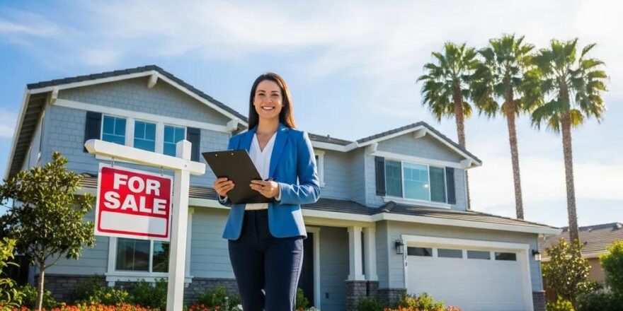 California real estate agent in front of a home, representing the significance of the BRE license