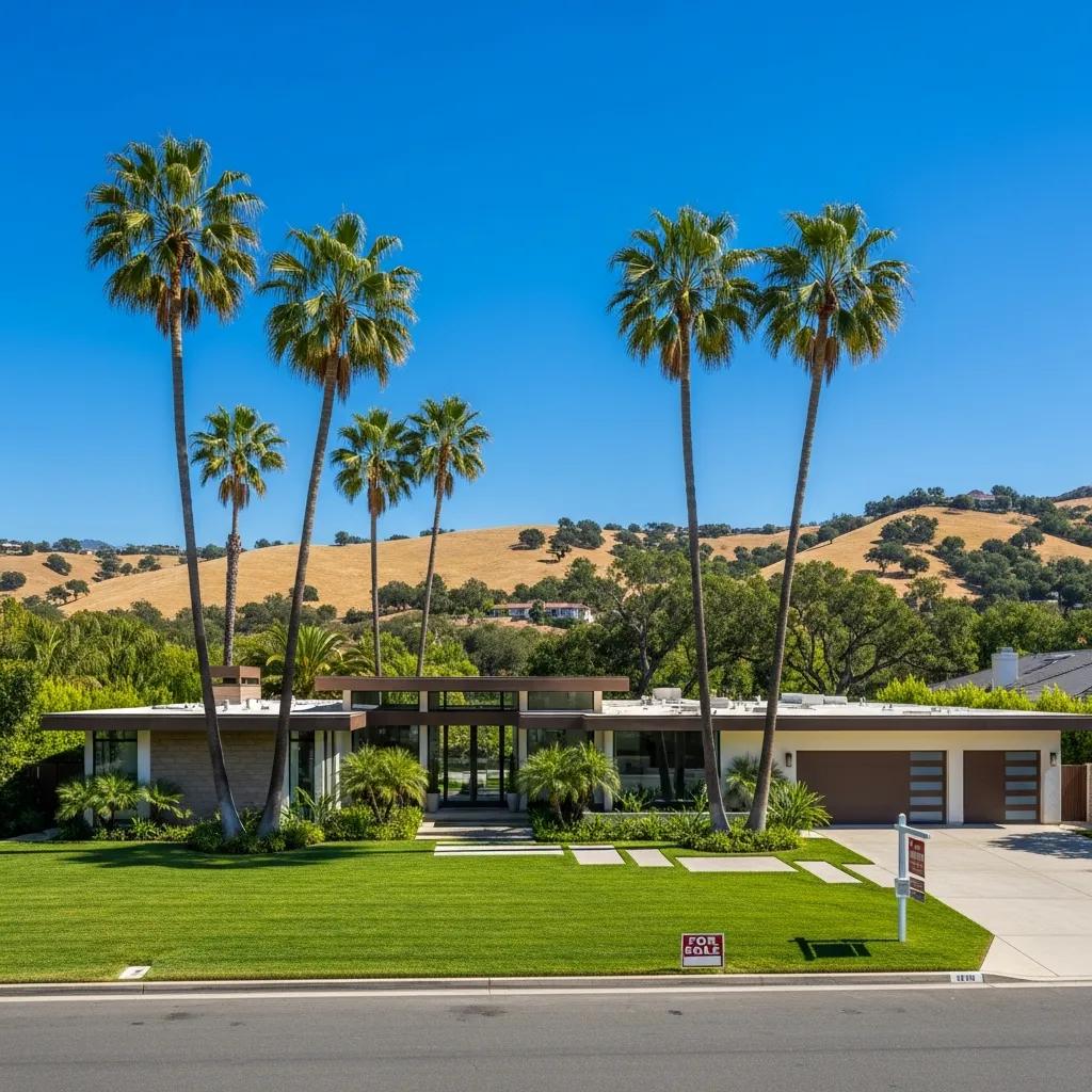 California real estate landscape with a modern home and palm trees