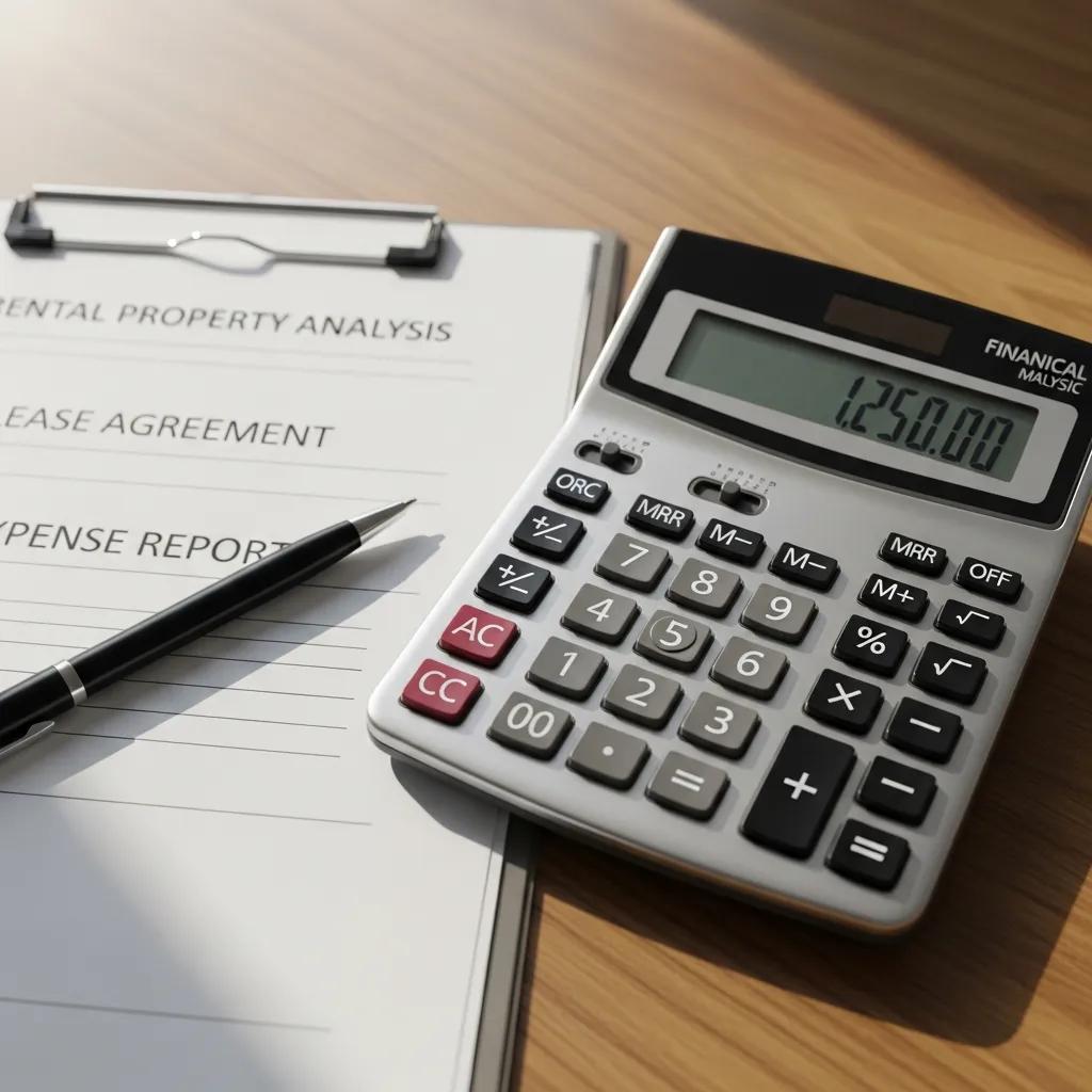 Calculator and rental paperwork on a desk for property analysis