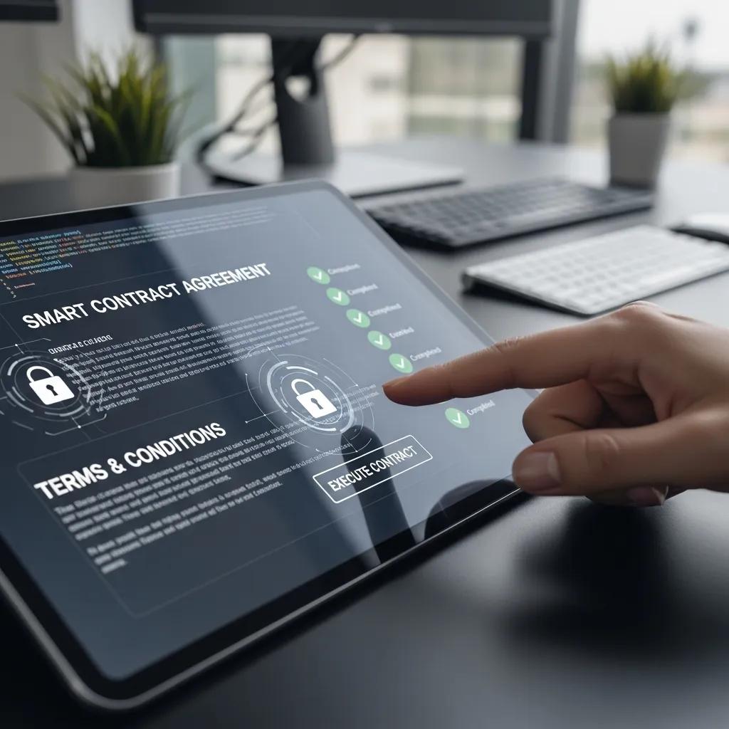 Tablet displaying a digital smart contract in a professional workspace