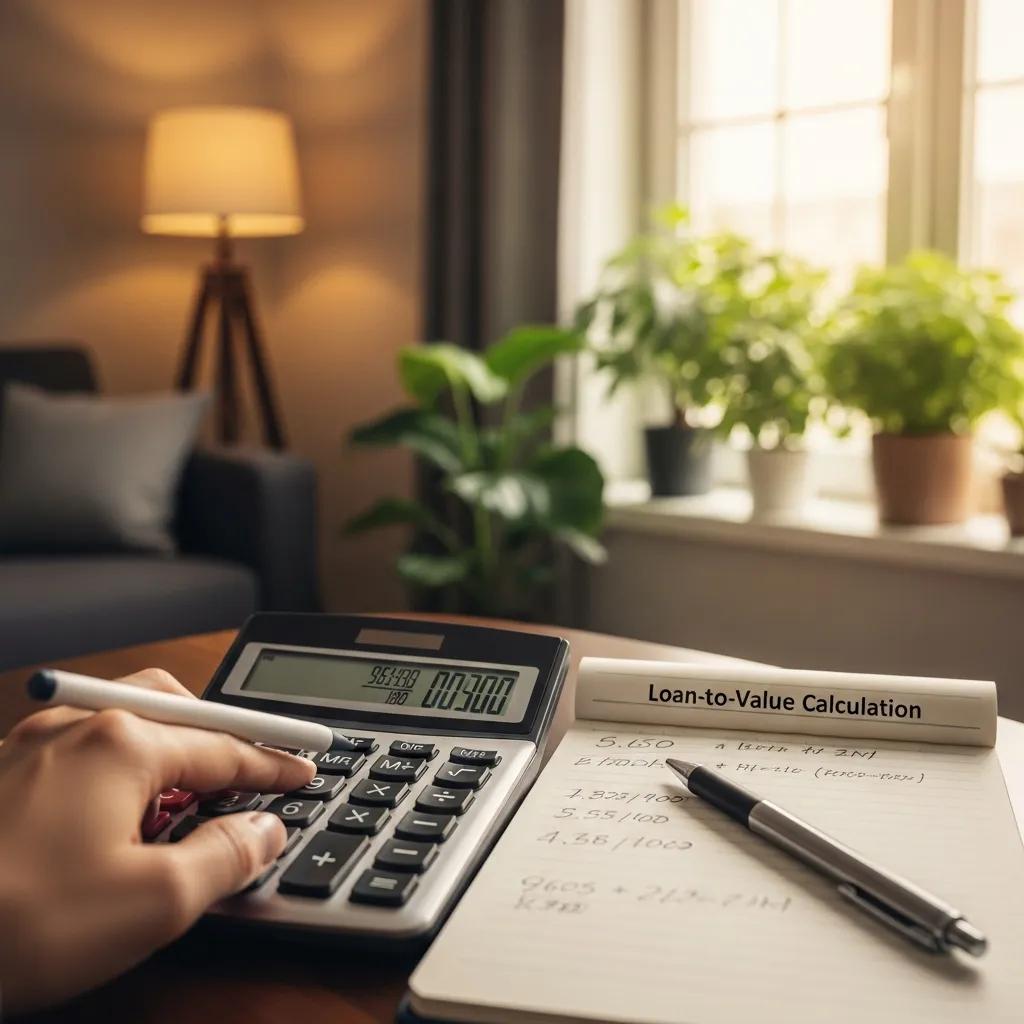 Close-up of a hand using a calculator and notepad to figure LTV