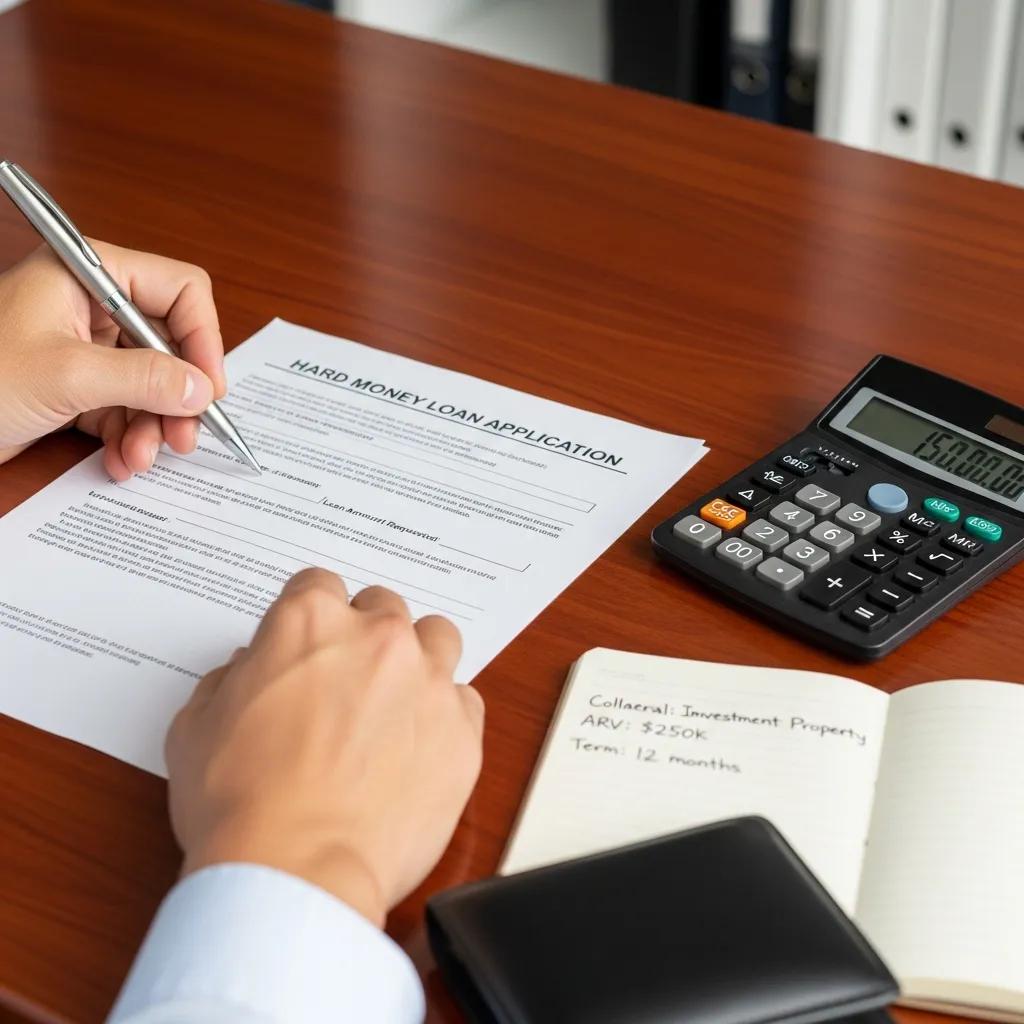 Close-up of hands filling out a hard money loan application at a desk