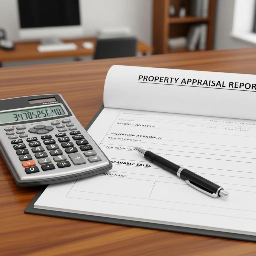 Close-up of an appraisal report with calculator and pen