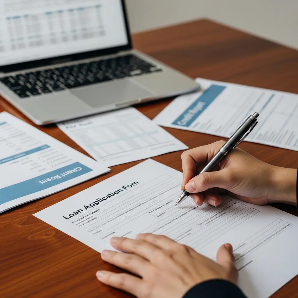 Hands filling out a commercial hard money loan application on a desk