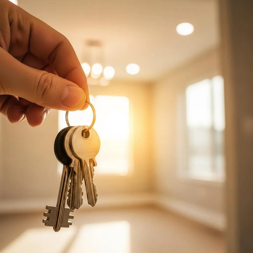 Close-up of keys on a table beside a renovated home, illustrating quick real estate financing