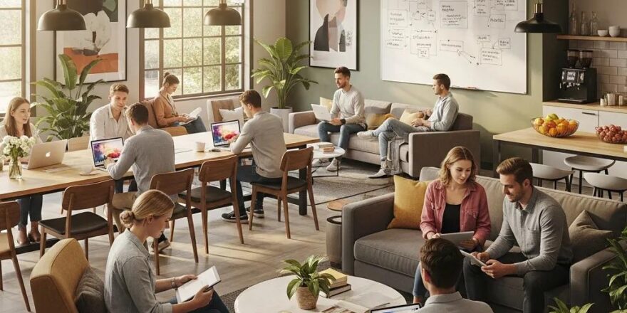 Co-living and co-working space with modern furniture and people collaborating