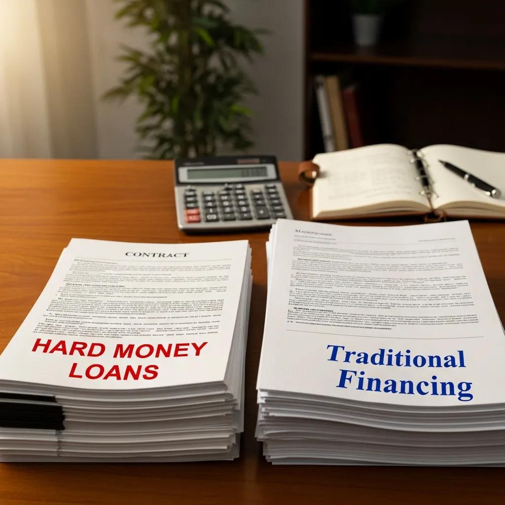 Comparison of hard money loans and traditional financing options on a desk