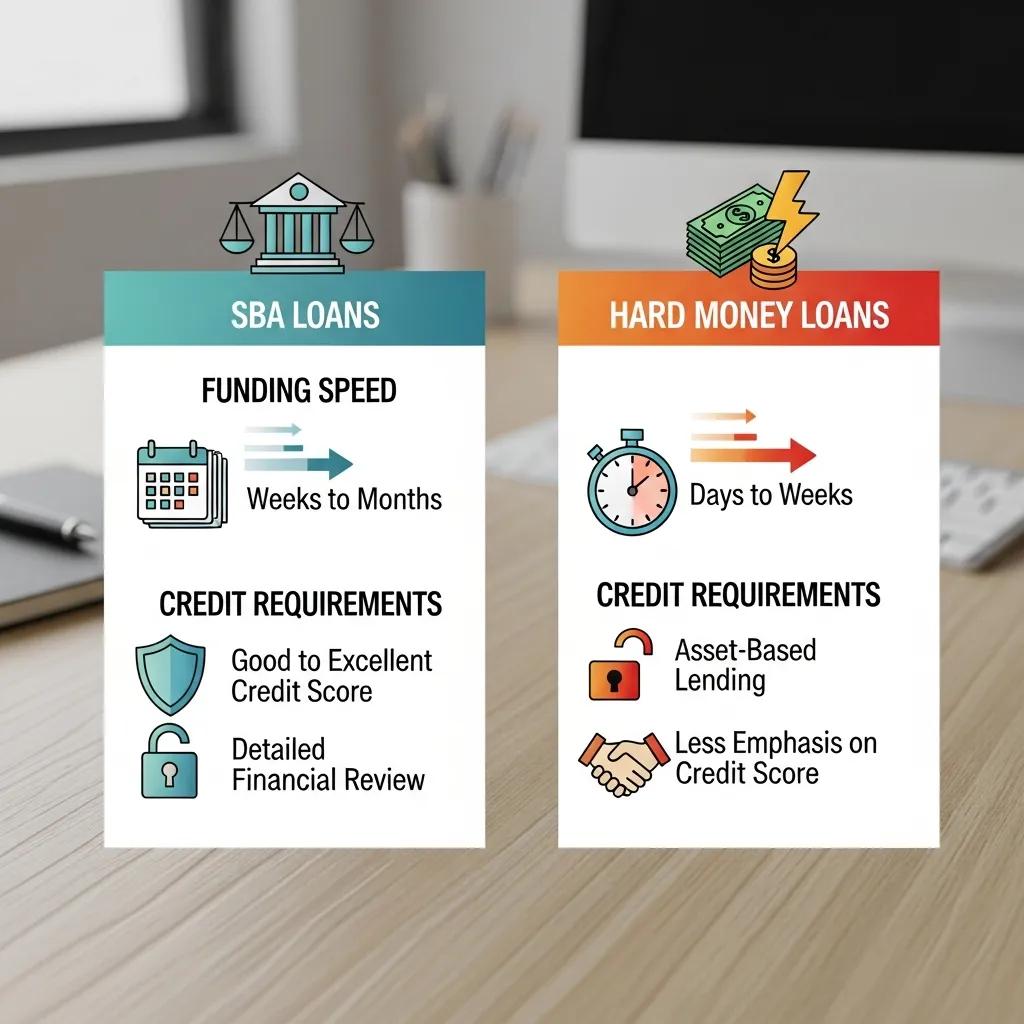 Side‑by‑side comparison of funding speed and underwriting focus for SBA vs. hard money