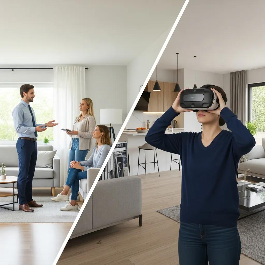 Side-by-side: in-person showing versus a virtual reality tour highlighting engagement benefits