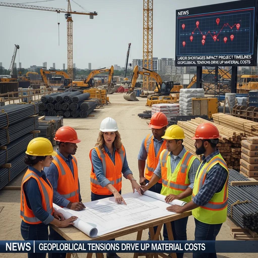 Construction manager and team reviewing plans amid labor and geopolitical pressures