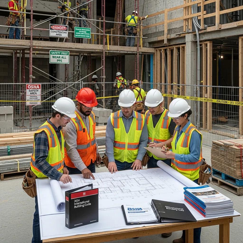 Construction crew following California building codes and safety standards on-site