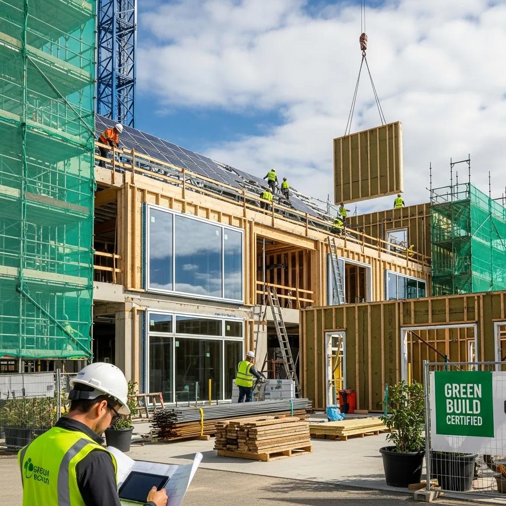 Construction site employing green building practices and sustainable materials