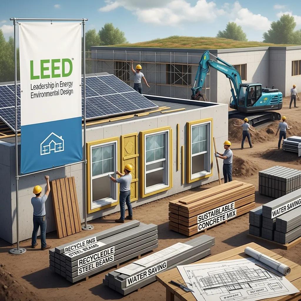 Construction site showing sustainable materials and a certification review — visual for green building standards