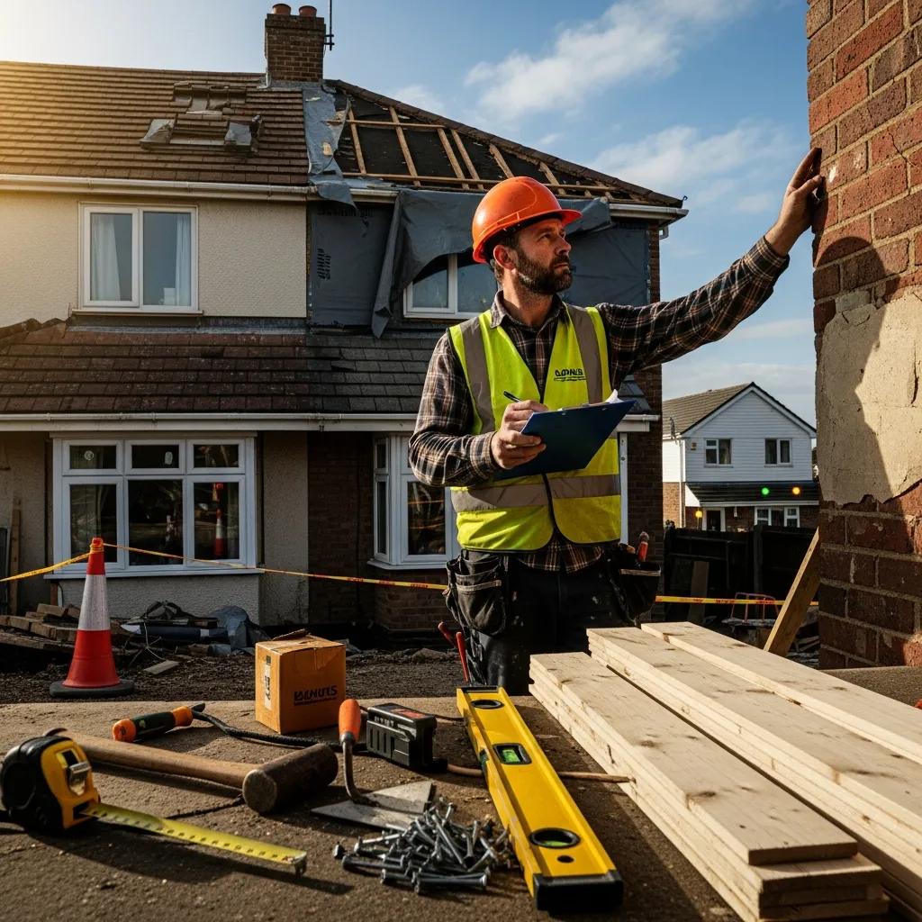 Contractor inspecting storm‑damaged property during recovery