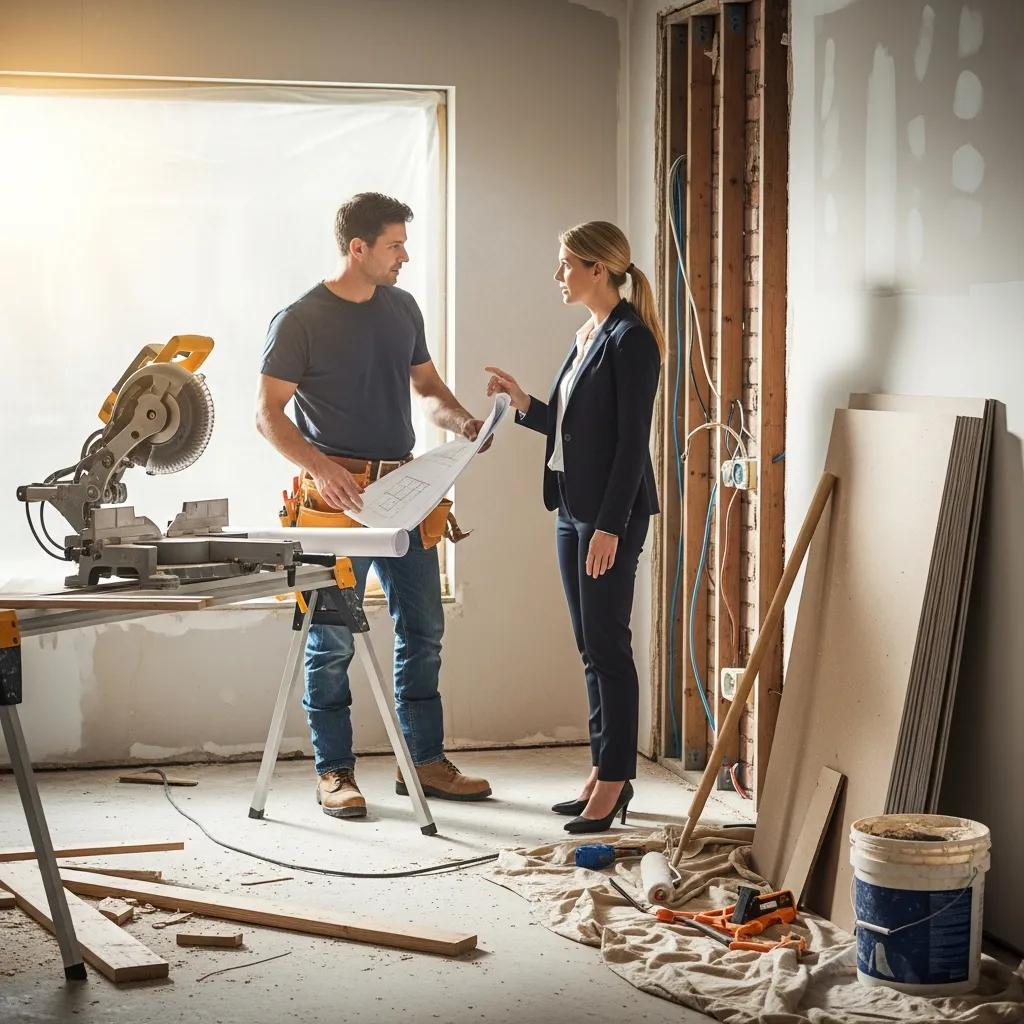 Contractor and investor reviewing renovation plans in a partially renovated California home