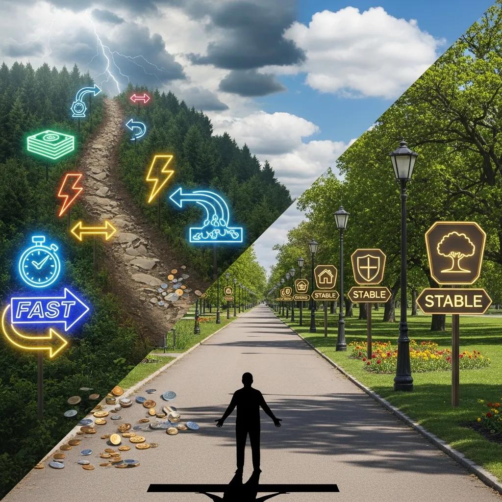 Two diverging paths representing fast hard money financing and longer-term conventional financing