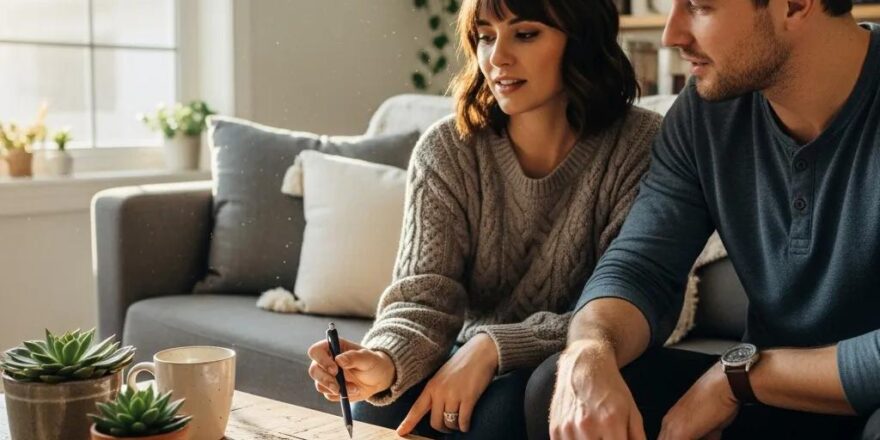 Couple reviewing a property showing checklist in a cozy living room