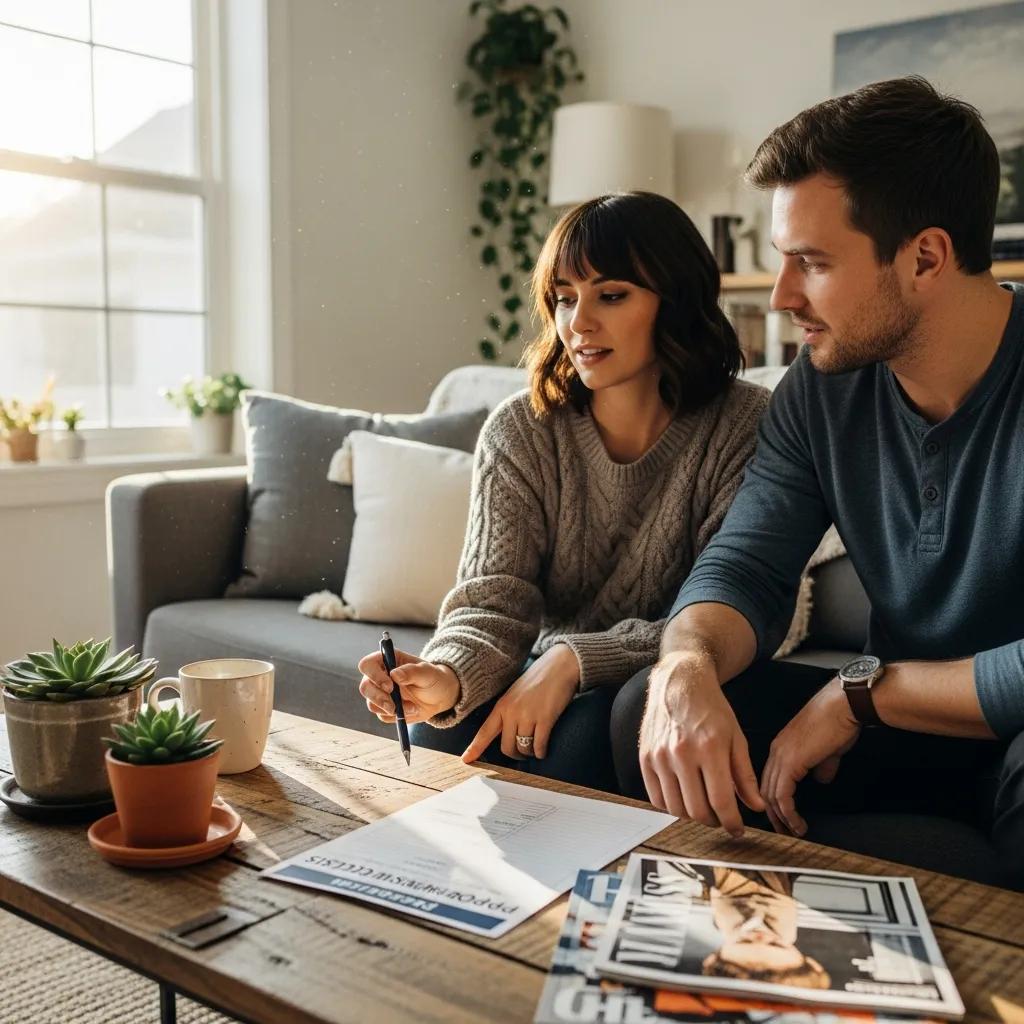 Couple reviewing a property showing checklist in a cozy living room