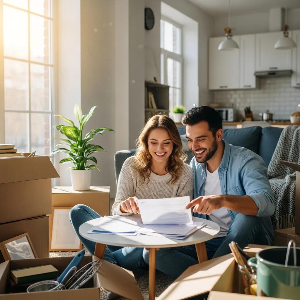 Homebuyers reviewing mortgage paperwork at a kitchen table