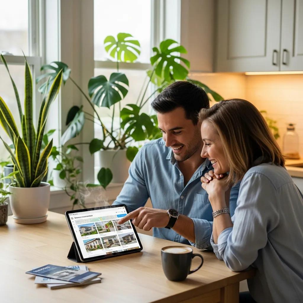 A couple reviewing investment options and property documents at their kitchen table