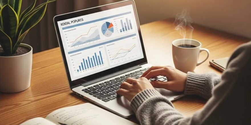 Cozy home office scene with a laptop, coffee, and rental property analysis materials