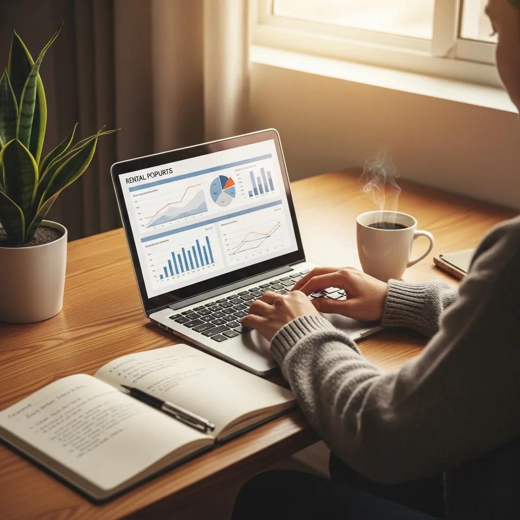 Cozy home office scene with a laptop, coffee, and rental property analysis materials