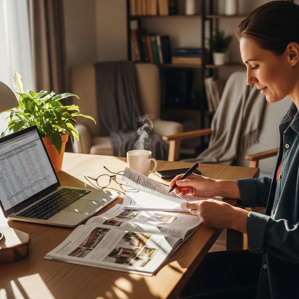 Cozy home office with a real estate investor reviewing documents and property listings