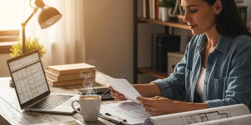 Cozy home office with a real estate investor reviewing documents related to hard money lending