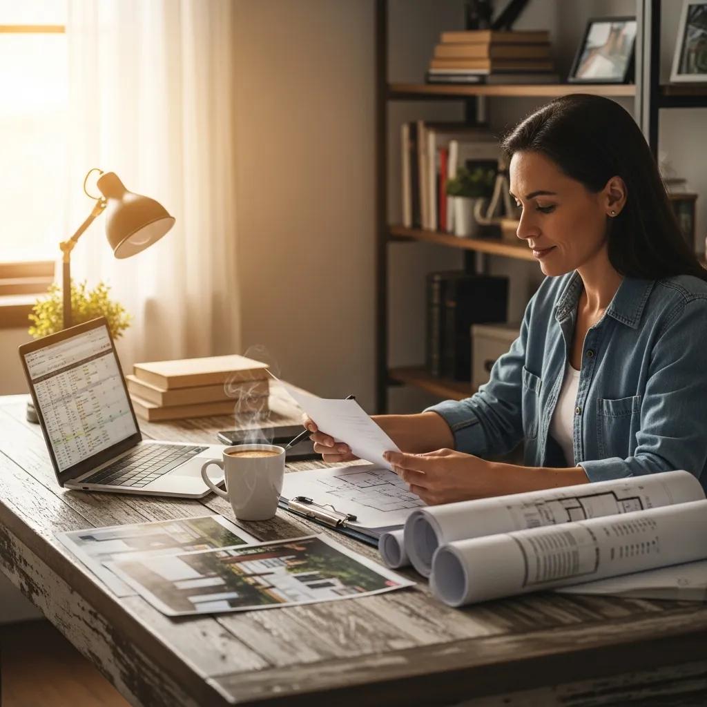 Cozy home office with a real estate investor reviewing documents related to hard money lending