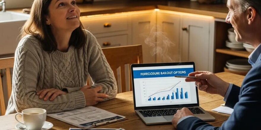 Cozy kitchen scene with a distressed property owner discussing foreclosure bailout options