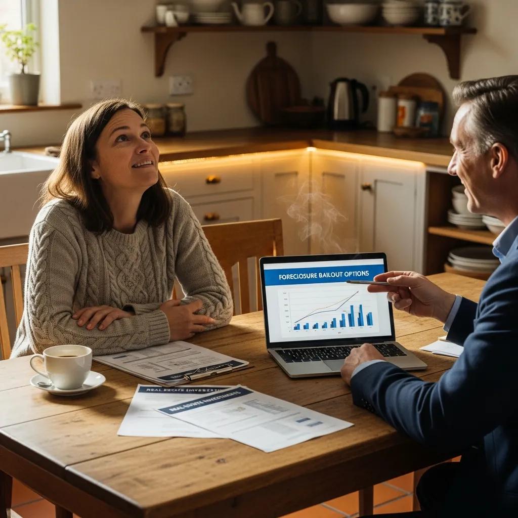 Cozy kitchen scene with a distressed property owner discussing foreclosure bailout options
