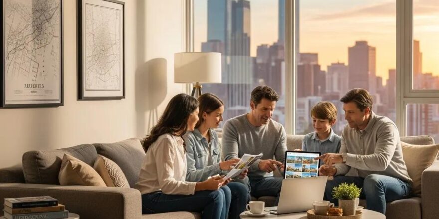 Cozy living room with city skyline view, representing real estate investment opportunities