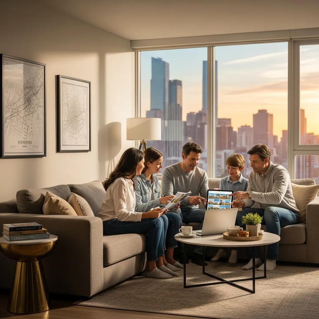 Cozy living room with city skyline view, representing real estate investment opportunities