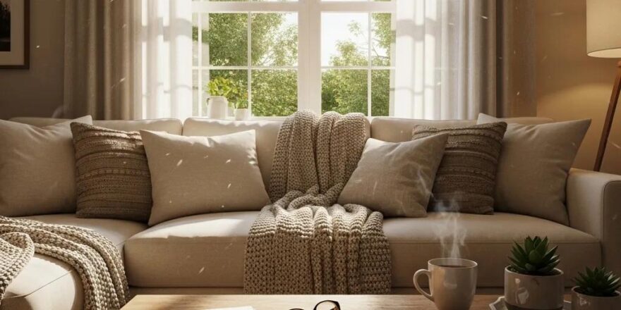 Cozy living space with rental property documents, symbolizing passive income and financial stability