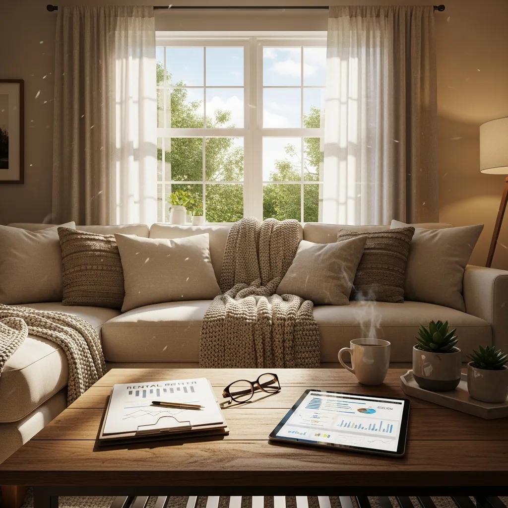 Cozy living space with rental property documents, symbolizing passive income and financial stability