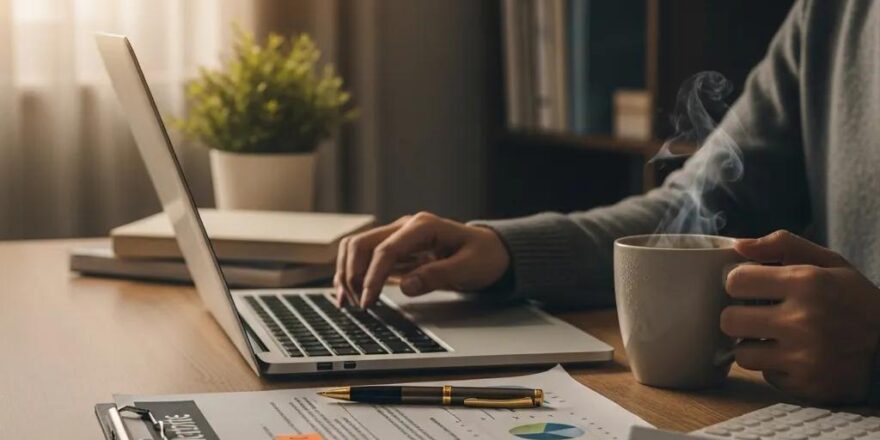 Cozy workspace with a person calculating real estate financing on a laptop