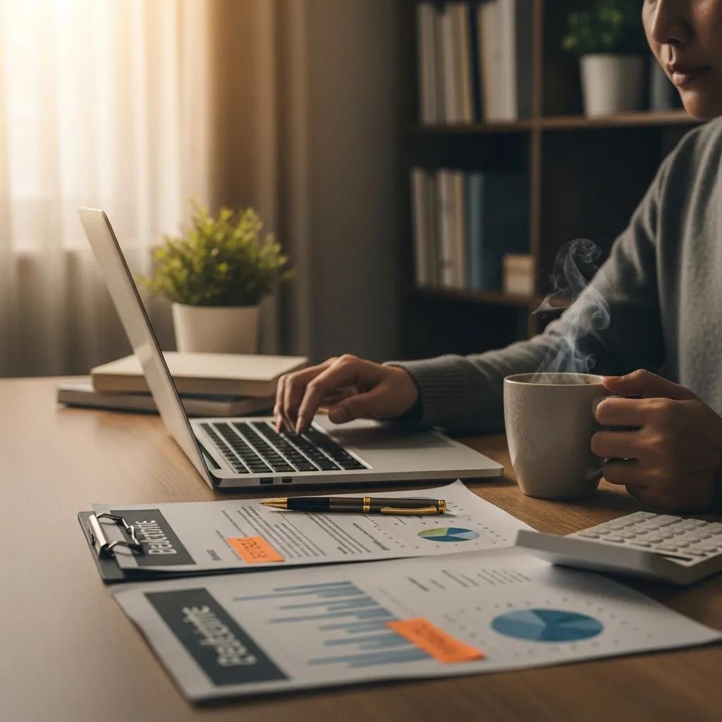 Cozy workspace with a person calculating real estate financing on a laptop