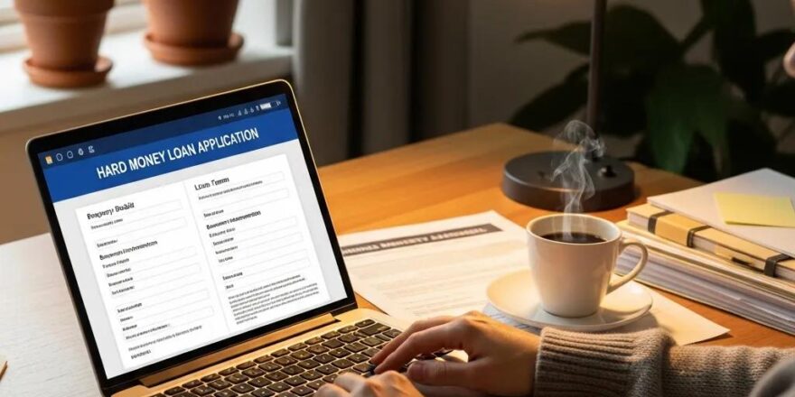 Cozy workspace with a person reviewing hard money loan application documents