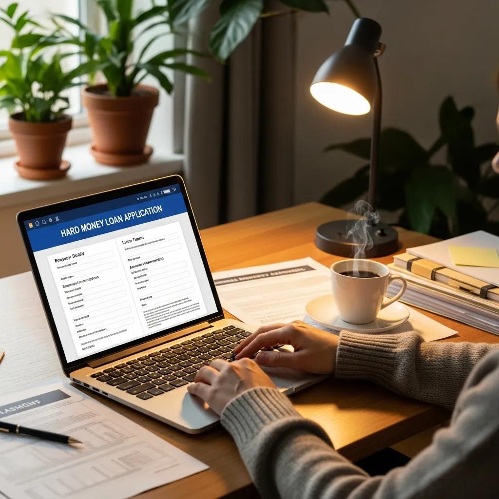Cozy workspace with a person reviewing hard money loan application documents
