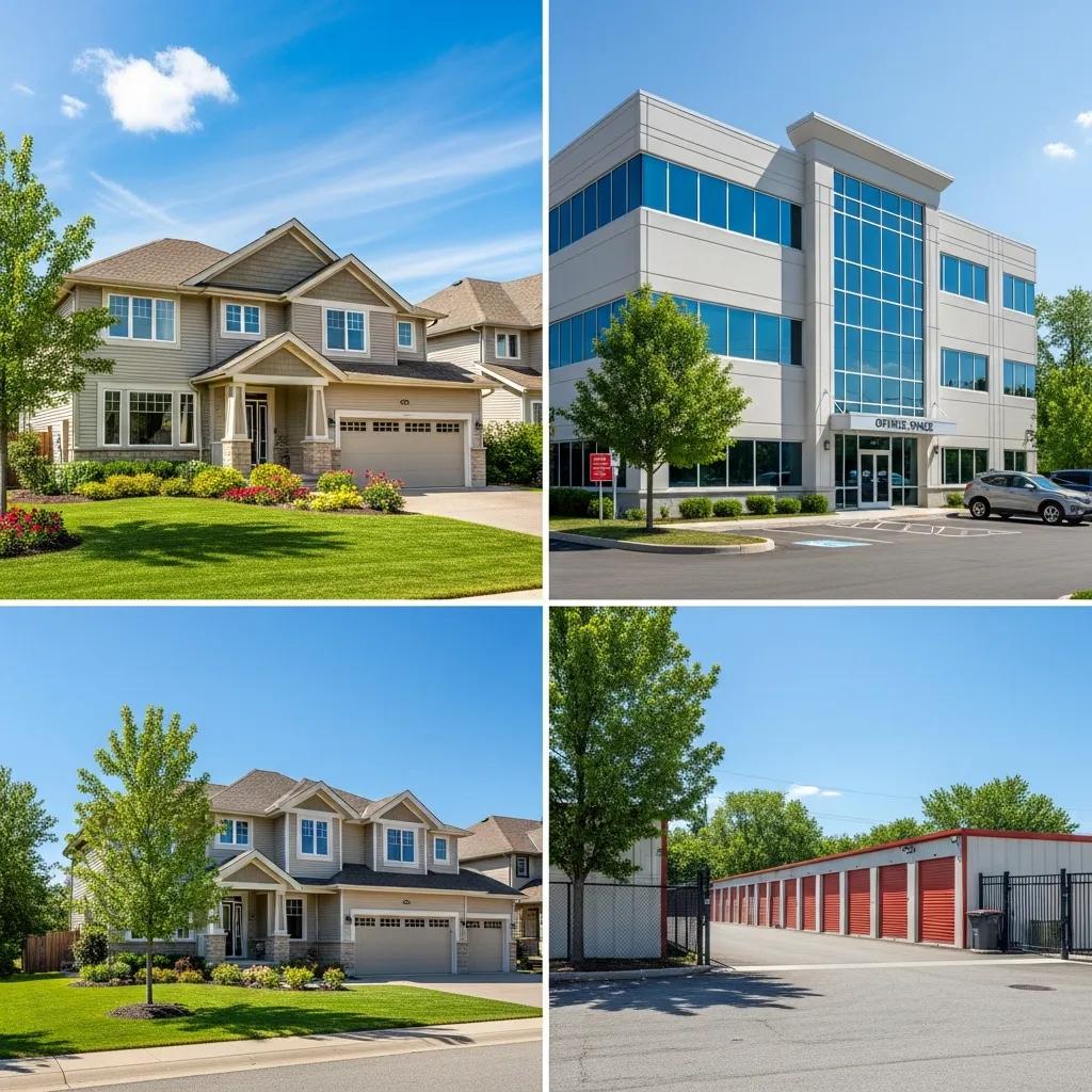 Various property types: single-family, commercial, and self-storage units bathed in sunlight