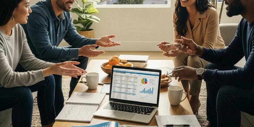 Diverse group discussing California real estate investment strategies in a cozy home setting