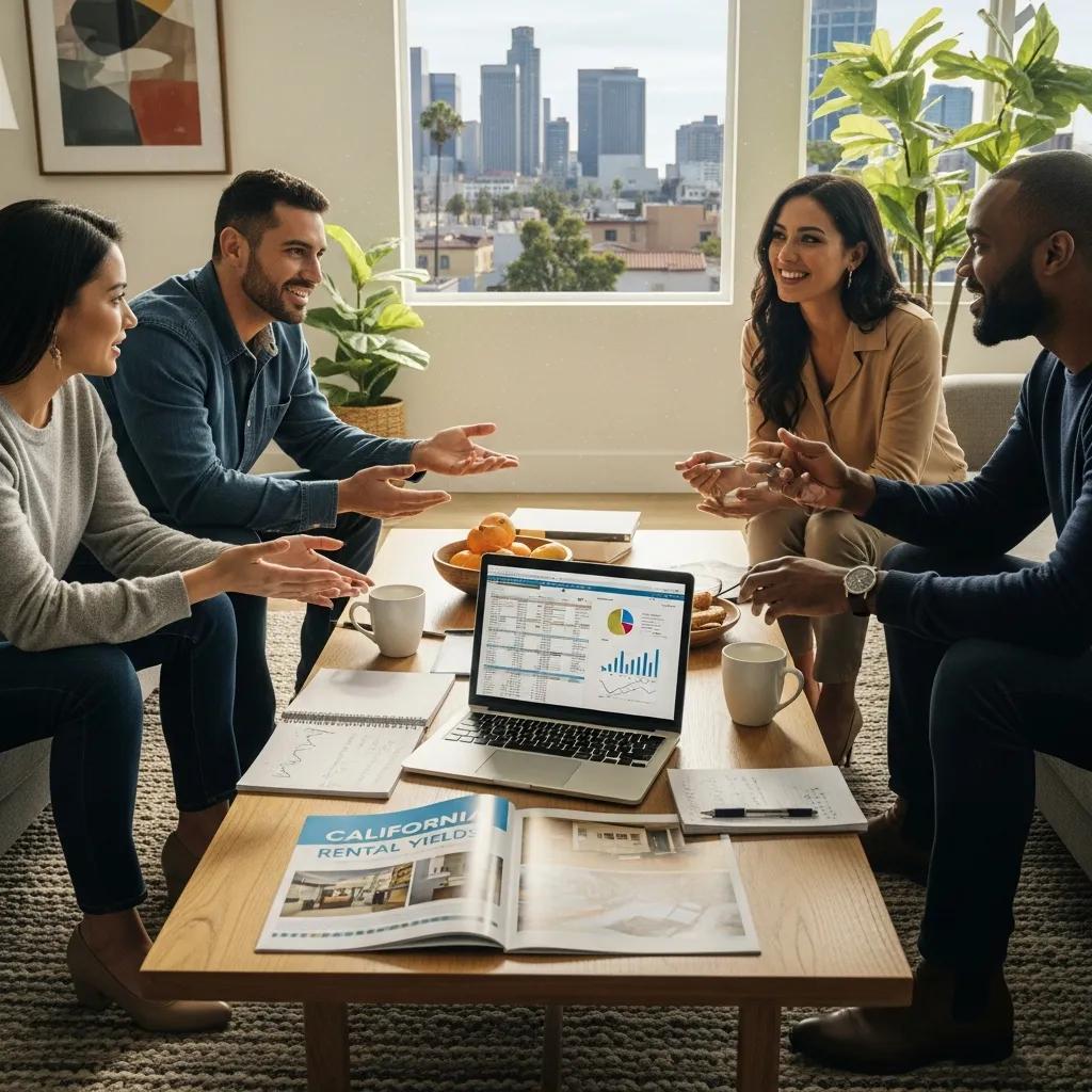 Diverse group discussing California real estate investment strategies in a cozy home setting