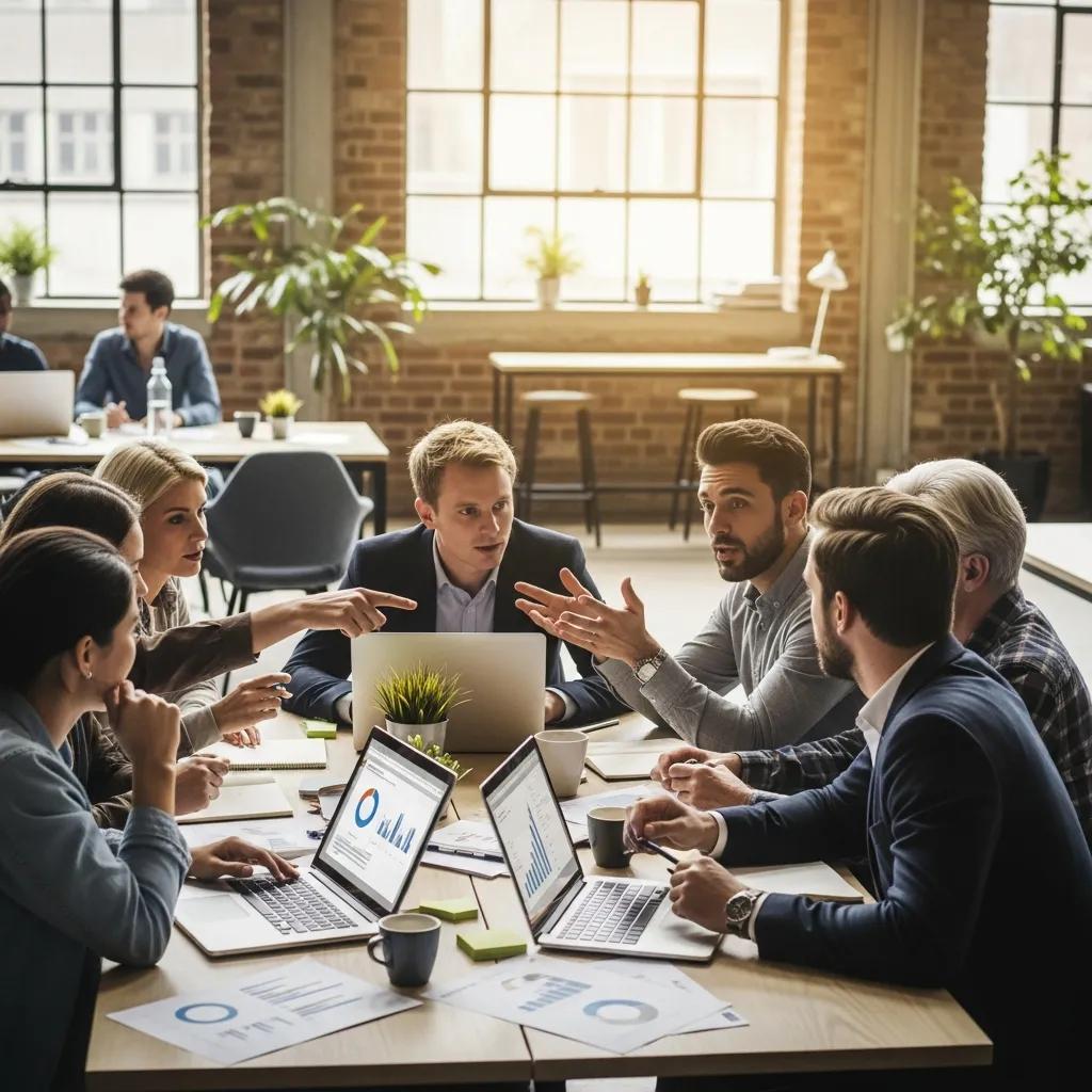Group discussing investment opportunities in a co‑working space — peer-to-peer lending context