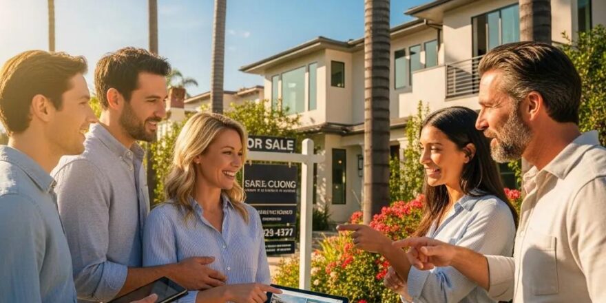 Diverse group discussing real estate in a sunny California neighborhood