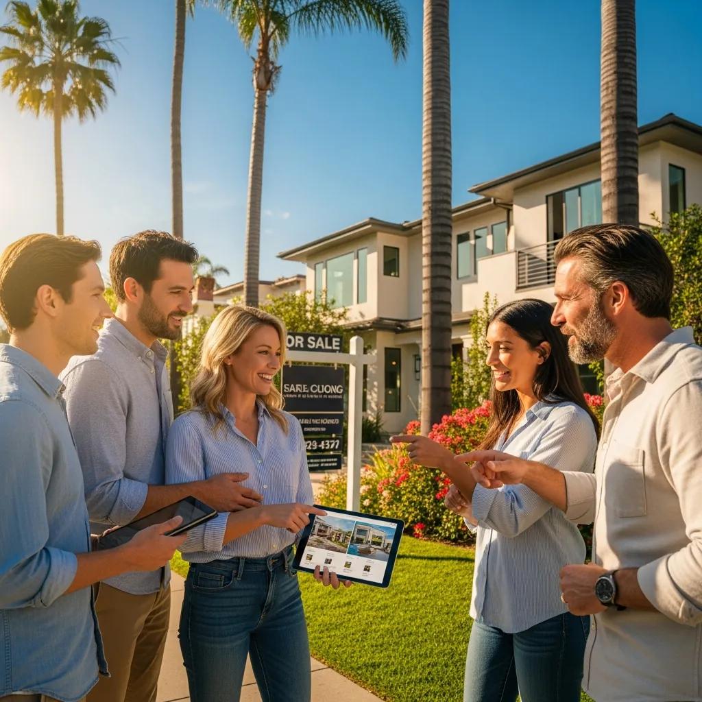 Diverse group discussing real estate in a sunny California neighborhood